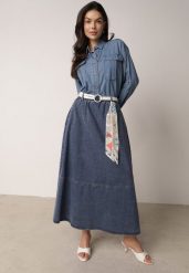 Granatowa Rozkloszowana Spódnica Jeansowa z Bawełny z Paskiem z Apaszką Ipharianne. Niebieskie spódnice damskie Born2be, bez wzorów, z bawełny, biznesowe. Za 179.99 zł.