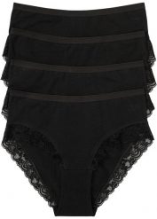 Figi maxi z bawełną organiczną i koronką (4 pary). Czarne figi damskie bonprix, bez wzorów, z bawełny. Za 64.99 zł.