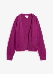 Gruby kardigan oversize o skróconym kroju. Fioletowe swetry damskie bonprix, bez wzorów, bez kołnierzyka, bez ramiączek, bez kaptura. Za 114.99 zł.