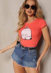 Pomarańczowy T-shirt z Bawełny z Ozdobnym Nadrukiem Janesto. Brązowe bluzki damskie Renee, na lato, m, bez wzorów, z bawełny, bez kołnierzyka, bez ramiączek. Za 39.99 zł.