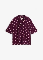 Bluzka z krawatką. Fioletowe bluzki damskie bonprix, bez wzorów, eleganckie, bez kołnierzyka, bez ramiączek. Za 79.99 zł.