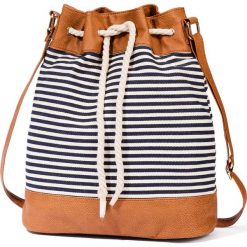Worek shopper w paski bonprix niebiesko-biało-koniakowy w paski. Niebieskie torebki shopper damskie bonprix, bez wzorów, bez dodatków. Za 89.99 zł.