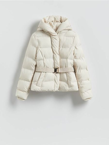 Kurtka z paskiem - kremowy. Białe kurtki damskie Reserved, l, bez wzorów, z tkaniny, bez kaptura. Za 279.99 zł.