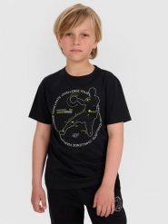 4F T-shirt regular z nadrukiem chłopięcy - czarny 158 (12-13 lat). Czarne t-shirty dla chłopców 4f, bez wzorów, z bawełny, bez ramiączek. W wyprzedaży za 39.99 zł.