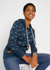 Bluza z kapturem z troczkami z czystej bawełny. Niebieskie bluzy damskie bonprix, bez wzorów, z bawełny, z kapturem. Za 124.99 zł.