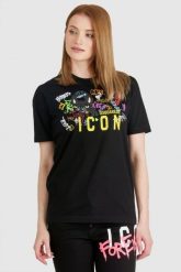 DSQUARED2 Czarny t-shirt damski z graffiti. Czarne t-shirty damskie Dsquared2, s, bez wzorów, z bawełny, bez kołnierzyka. W wyprzedaży za 599.99 zł.