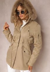 Beżowa Kurtka Parka z Kapturem i Ozdobnym Futerkiem Dioneta. Brązowe kurtki damskie Renee, na zimę, l, bez wzorów, z materiału, z kapturem. Za 259.99 zł.
