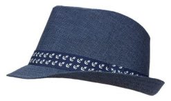 Letni Męski Kapelusz, Wakacyjny, Granatowy, Trilby, Pasek w Kotwice, Żeglarski, Pako Jeans. Niebieskie czapki i kapelusze męskie Pako Jeans, bez wzorów, z jeansu, klasyczne. Za 55.00 zł.