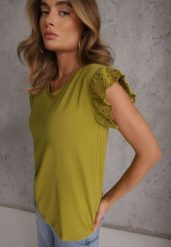 Ciemnozielona Bawełniana Bluzka z Krótkim Rękawem z Ażurowej Falbanki Voanira. Zielone koszule damskie Renee, l, w ażurowe wzory, z bawełny, eleganckie, bez kołnierzyka, bez ramiączek. Za 49.99 zł.