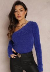 Granatowy Sweter na Jedno Ramię Pholy. Niebieskie swetry damskie Renee, bez wzorów, casualowe, z asymetrycznym kołnierzem, bez ramiączek, długie, bez kaptura. Za 119.99 zł.