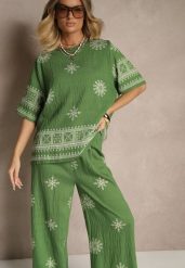 Ciemnozielony Komplet Boho z Wiskozy Szerokie Spodnie i T-shirt z Haftem Zeirae. Zielone spodnie materiałowe damskie Renee, l, bez wzorów, z materiału. Za 79.99 zł.