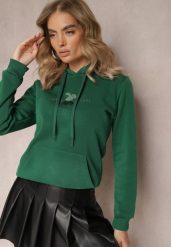 Zielona Ocieplona Bluza z Kapturem Ozdobiona Naszywką i Napisem Eirellia. Zielone bluzy damskie Renee, xl, z aplikacjami, z dzianiny, z kapturem. Za 79.99 zł.