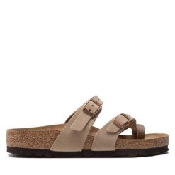 Japonki Birkenstock. Brązowe klapki damskie Birkenstock, bez wzorów, bez obcasa. Za 539.99 zł.