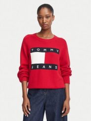 Tommy Jeans Sweter Flag DW0DW23450 Czerwony Regular Fit. Czerwone swetry damskie Tommy Jeans, s, bez wzorów, z bawełny, bez kołnierzyka, bez ramiączek, bez kaptura. Za 489.99 zł.