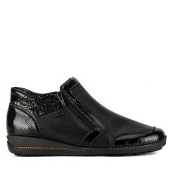 Botki Rieker. Czarne botki damskie Rieker, bez obcasa, na słupku, bez zapięcia. Za 379.99 zł.