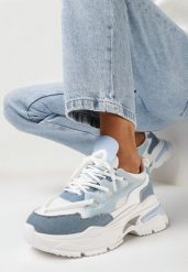 Biało-Niebieskie Sneakersy na Grubej Podeszwie z Wycięciami i Ozdobnym Sznurowaniem Lenisa. Niebieskie obuwie sportowe damskie Born2be, bez wzorów. Za 119.99 zł.