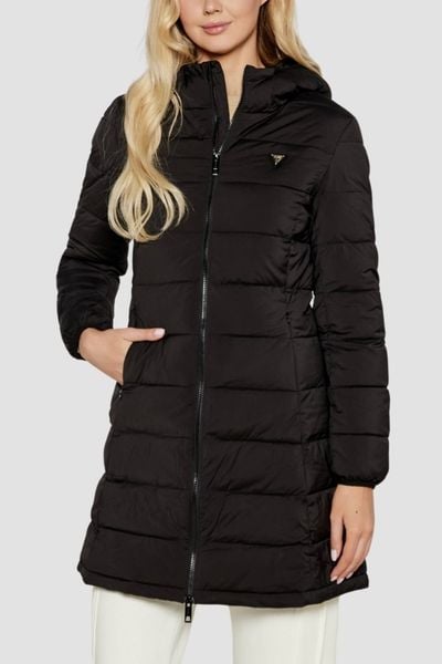GUESS Czarna długa damska kurtka New Aleta, Rozmiar S. Czarne kurtki damskie Guess, s, z aplikacjami, bez kaptura. W wyprzedaży za 502.99 zł.
