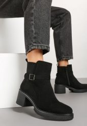 Czarne Botki na Słupku z Ozdobnym Paskiem ze Sprzączką Inovira. Czarne botki damskie Renee, z jeansu, eleganckie, bez obcasa, na obcasie, bez zapięcia. Za 139.99 zł.