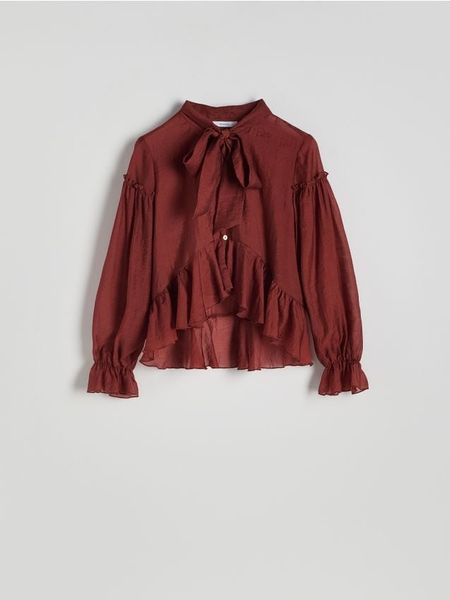 Bluzka z lyocellem - miedziany. Brązowe bluzki damskie Reserved, l, bez wzorów, z lyocellu, bez kołnierzyka, bez ramiączek. W wyprzedaży za 69.99 zł.