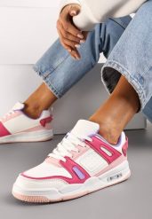 Biało-Różowe Sznurowane Sneakersy z Licznymi Wstawkami z Ekoskóry Gwendias. Białe obuwie sportowe damskie Renee, bez wzorów, trekkingowe. Za 74.99 zł.