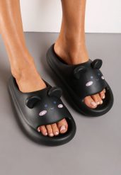 Czarne Klapki z Lekkiej Pianki z Uszkami i Uroczym Zwierzakiem Vidialla. Czarne klapki damskie Renee, bez wzorów, z gumy, bez obcasa, na płaskiej podeszwie. Za 44.99 zł.