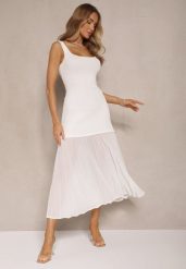 Biała Taliowana Sukienka na Ramiączkach z Prążkowanej Tkaniny z Tiulem Nolzedi. Białe sukienki damskie Renee, na co dzień, s, z aplikacjami, z jeansu, wizytowe, bez kołnierzyka, bez ramiączek. Za 129.99 zł.