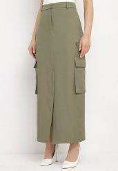 Ciemnozielona Spódnica w Stylu Utility z Kieszeniami i Rozcięciem na Przodzie Temari. Zielone spódnice damskie Born2be, l, bez wzorów, eleganckie, z podwyższonym stanem, maxi, koszulowe. Za 139.99 zł.