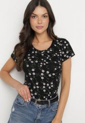 Czarny T-shirt z Bawełny w Kwiaty Savilisse. Czarne bluzki damskie Born2be, l, bez wzorów, z bawełny, klasyczne, bez kołnierzyka, bez ramiączek. Za 29.99 zł.