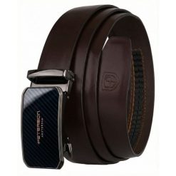 Pasek męski w ciemnobrązowym kolorze z automatyczną, czarną klamrą Peterson PTN A016 D.BROWN. Brązowe paski damskie Peterson, bez wzorów, ze skóry, eleganckie. Za 94.99 zł.