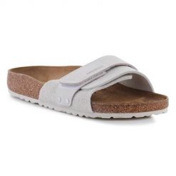 Klapki damskie Birkenstock Oita. Szare klapki damskie Birkenstock, bez wzorów, z materiału, bez obcasa. Za 487.30 zł.