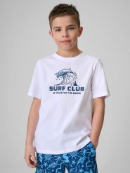 4F T-shirt regular z nadrukiem chłopięcy - biały 140 (9-10 lat). Białe t-shirty dla chłopców 4f, bez wzorów, z bawełny, bez ramiączek. Za 39.99 zł.