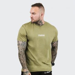 Koszulka męska fitness regular fit oliwkowa FIT. Zielone koszulki sportowe męskie GYMBEAM, m, bez wzorów, z bawełny, bez kołnierzyka, bez ramiączek, na fitness i siłownię. Za 68.90 zł.