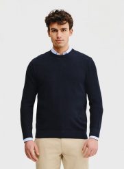 PAKO LORENTE – Granatowy sweter męski. Niebieskie swetry przez głowę męskie Pako Lorente, na wiosnę, m, bez wzorów, z bawełny, bez kołnierzyka. Za 139.99 zł.