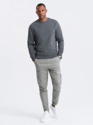 Nierozpinana męska dresowa bluza BASIC – grafitowa V11 - Rozmiar: L. Szare bluzy męskie Ombre Clothing, l, bez wzorów, z dresówki, bez kaptura. Za 199.99 zł.