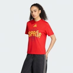 Koszulka Mistrzostw Świata FIFA 26 Hiszpania. Czerwone koszulki sportowe damskie Adidas, m, bez wzorów, z bawełny, bez kołnierzyka, bez ramiączek, do piłki nożnej. Za 129.00 zł.
