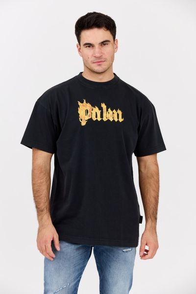 PALM ANGELS Czarny męski t-shirt Burning Logo Tee, Rozmiar S. Czarne t-shirty męskie PALM ANGELS, l, bez wzorów, z bawełny, bez kołnierzyka. W wyprzedaży za 699.99 zł.
