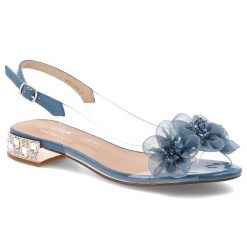 Sandały damskie S.Barski, z transparentnym paskiem ozdobne kwiaty pasek z regulacją niski obcas elegancki styl, niebieskie, MR61-9006. Niebieskie sandały damskie S.BARSKI, z aplikacjami, bez obcasa, na obcasie, bez zapięcia. Za 199.00 zł.