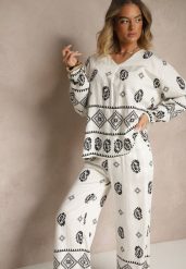 Biało-Czarny Komplet w Stylu Etno Spodnie z Gumką w Pasie i Bluzka Oversize Eviralyn. Białe bluzki damskie Renee, bez wzorów, eleganckie, bez kołnierzyka, bez ramiączek. Za 89.99 zł.