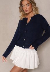 Granatowy Kardigan o Casualowym Kroju z Wełną i Moherem Lilothel. Niebieskie kardigany damskie Renee, bez wzorów, z jeansu, eleganckie, bez kołnierzyka, bez ramiączek, długie, bez kaptura. Za 159.99 zł.