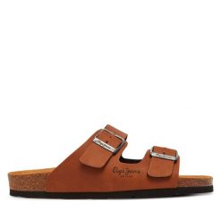 Klapki Pepe Jeans. Brązowe klapki damskie Pepe Jeans, bez wzorów, z jeansu, bez obcasa. Za 169.99 zł.