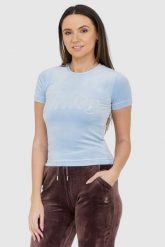 JUICY COUTURE Błękitny welurowy t-shirt z błyszczącym logo. Niebieskie t-shirty damskie Juicy Couture, s, bez wzorów, z weluru, bez kołnierzyka. W wyprzedaży za 169.99 zł.