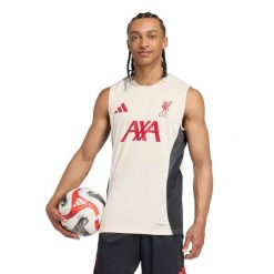 Koszulka bez rękawów Liverpool FC Competition 2025/26. Białe koszulki sportowe męskie Adidas, bez wzorów, bez kołnierzyka, bez ramiączek, do piłki nożnej. Za 223.98 zł.