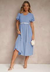 Jasnoniebieska Rozkloszowana Sukienka z Wiskozą w Casualowym Stylu Filarenna. Niebieskie sukienki damskie Renee, na co dzień, l, bez wzorów, z wiskozy, eleganckie, bez kołnierzyka, bez ramiączek, midi, rozkloszowane. Za 54.99 zł.