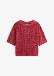 Gruby sweter z puszystej przędzy. Czerwone swetry damskie bonprix, bez wzorów, eleganckie, bez kołnierzyka, bez ramiączek, krótkie, bez kaptura. Za 179.99 zł.