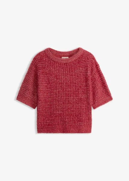 Gruby sweter z puszystej przędzy. Czerwone swetry damskie bonprix, bez wzorów, eleganckie, bez kołnierzyka, bez ramiączek, krótkie, bez kaptura. Za 179.99 zł.