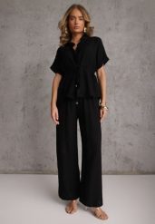 Czarny Komplet z Wiskozy Spodnie Wide Leg i Bluzka ze Ściągaczem w Talii Daemnell. Czarne bluzki damskie Renee, m, bez wzorów, z wiskozy, bez kołnierzyka, bez ramiączek. Za 129.99 zł.