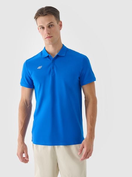 4F Koszulka polo regular męska - niebieska M. Niebieskie koszulki polo męskie 4f, m, bez wzorów, z bawełny, bez kołnierzyka, bez ramiączek. Za 99.99 zł.