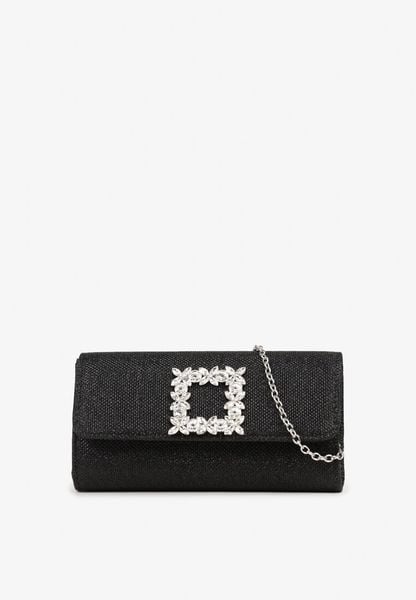 Czarna Torebka Kopertówka na Łańcuszku z Kwiatową Aplikacją Ahalia. Czarne kopertówki damskie Renee, z aplikacjami, z satyny, eleganckie, małe, bez dodatków. Za 39.99 zł.