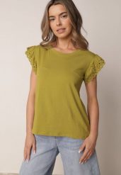 Ciemnozielona Bluzka z Bawełny z Ażurowymi Falbankami Zamiast Rękawów Vodelia. Zielone koszule damskie Born2be, l, w ażurowe wzory, z bawełny, bez kołnierzyka, bez ramiączek. Za 39.99 zł.