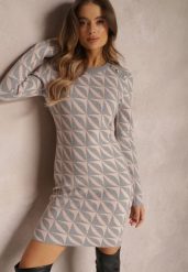 Jasnoróżowa Sukienka Dzianinowa w Geometryczny Wzór Chlaria. Czerwone sukienki damskie Renee, m, bez wzorów, z dzianiny, eleganckie, bez kołnierzyka, bez ramiączek, mini, dopasowane. Za 99.99 zł.